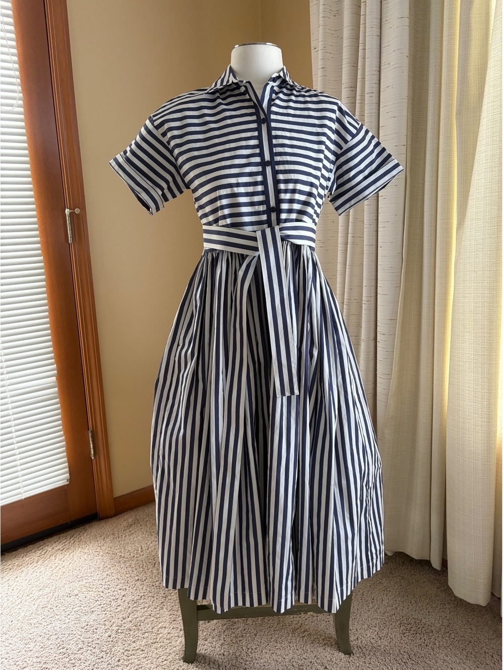 Kate Spade Striped Midi Shirt Dress Squid Ink French Cream XSMALL short sleeve